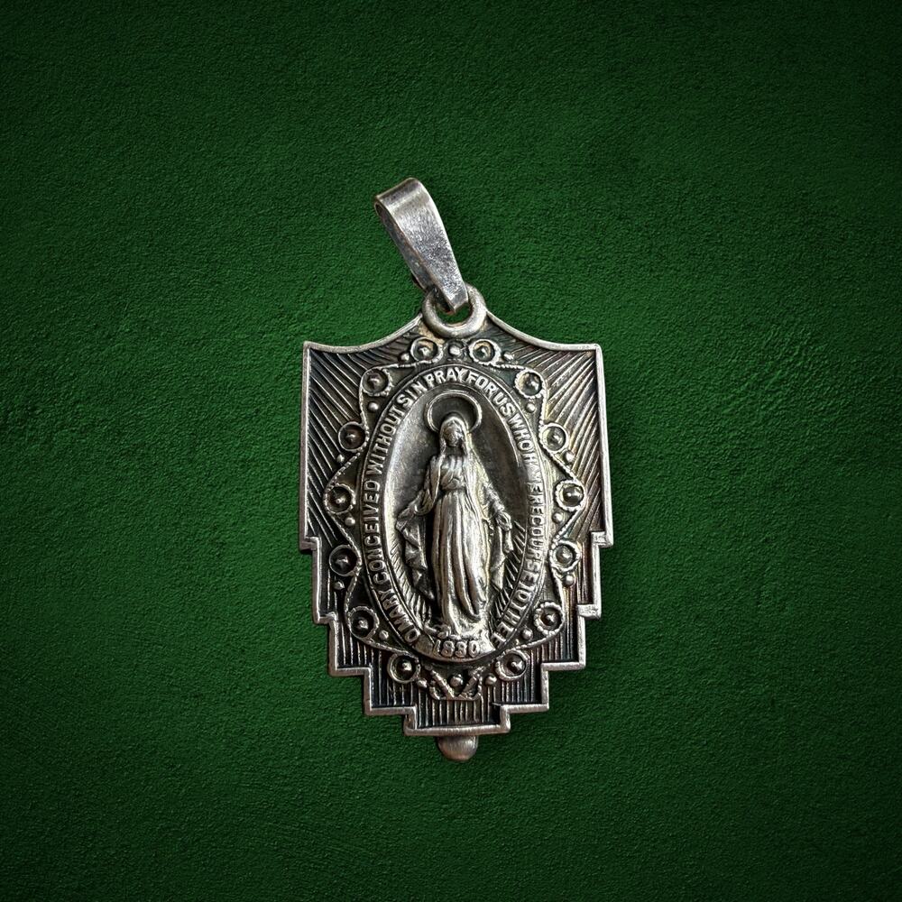 Vintage Sterling Silver Miraculous Medal Virgin Mary Art Deco Religious Pendant